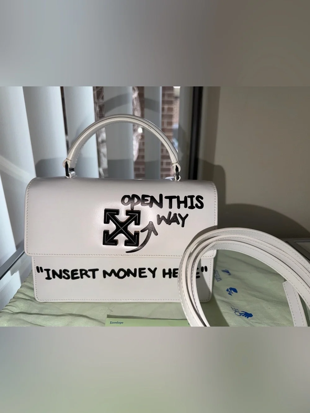 Off-White Jitney 1.4 Cash Inside White Leather Top Handle Crossbody Bag